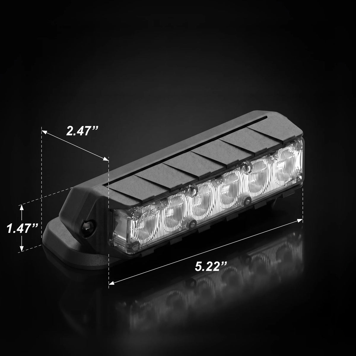 Feniex Fusion 90° Rotating Mount dimensions, dark background