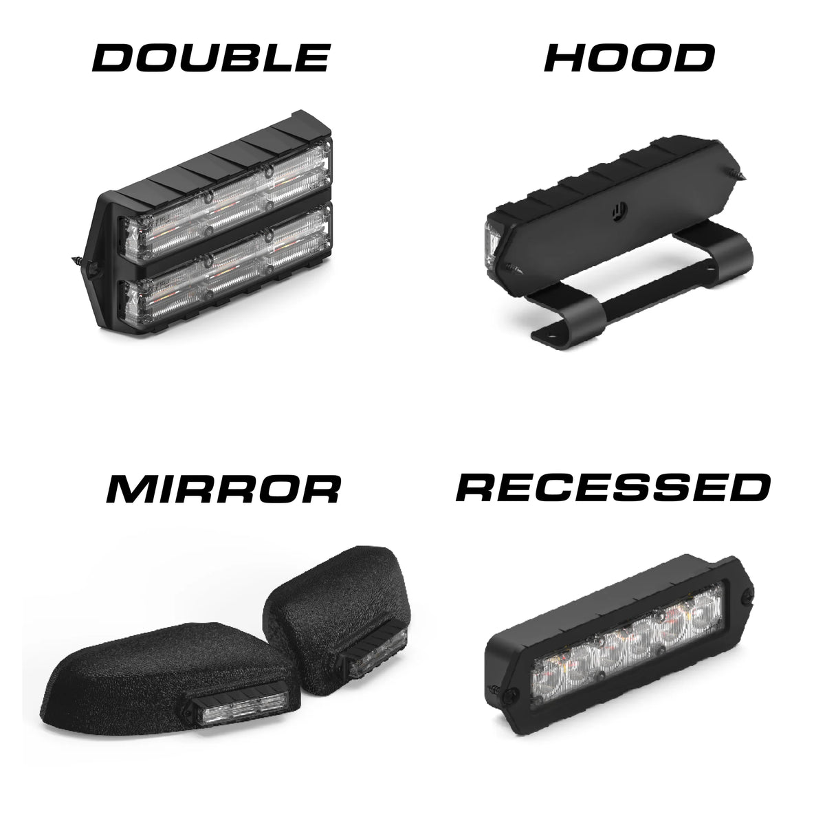 Feniex Q Series mounting: double, hood, mirror, recessed
