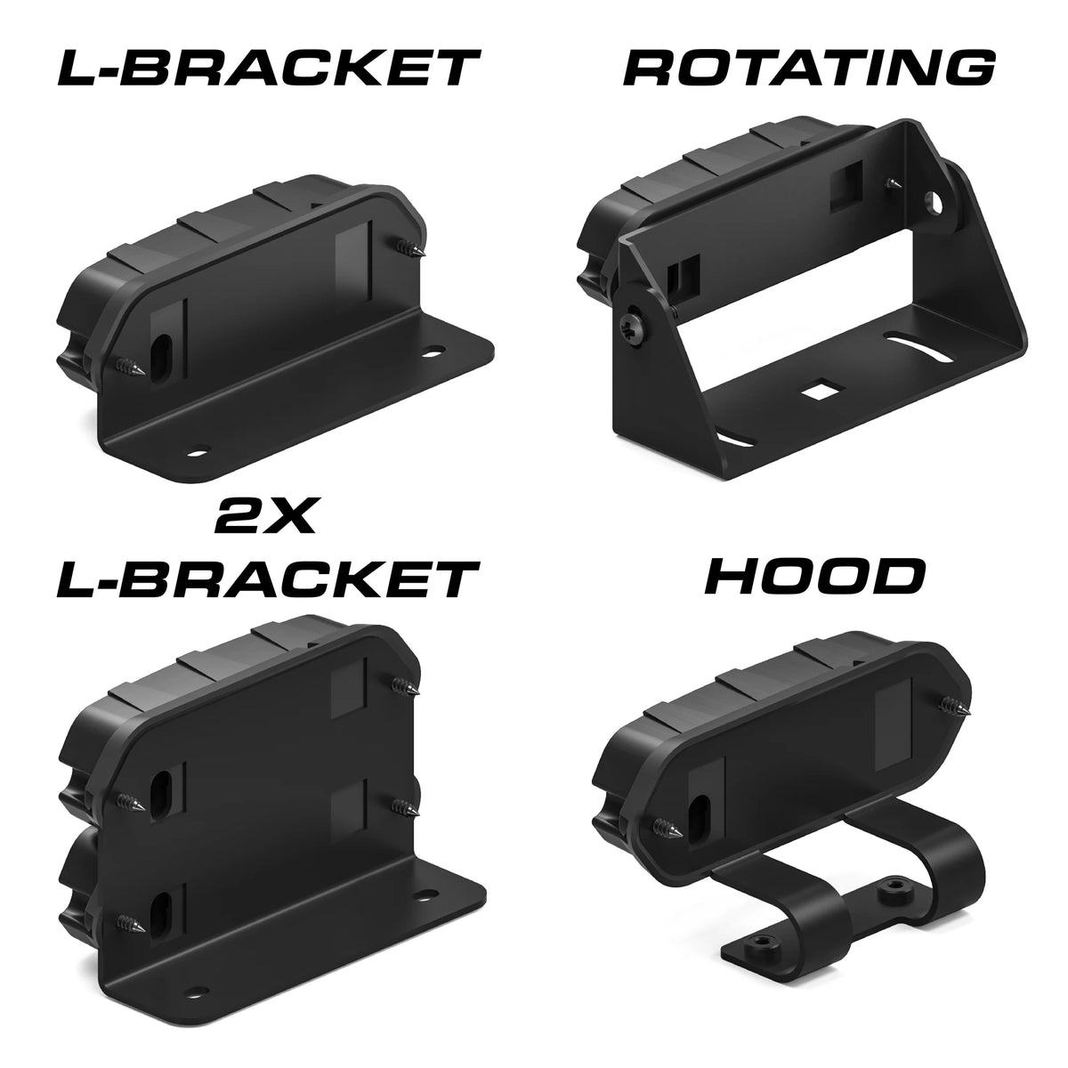 Feniex Fusion T3 bracket options: L-bracket, rotating, 2X L-bracket, hood