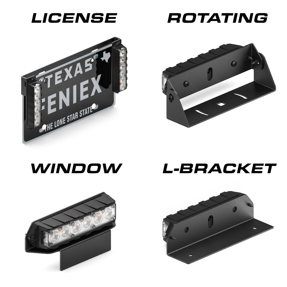 Feniex Fusion-S mounting options: license, rotating, window, L-bracket