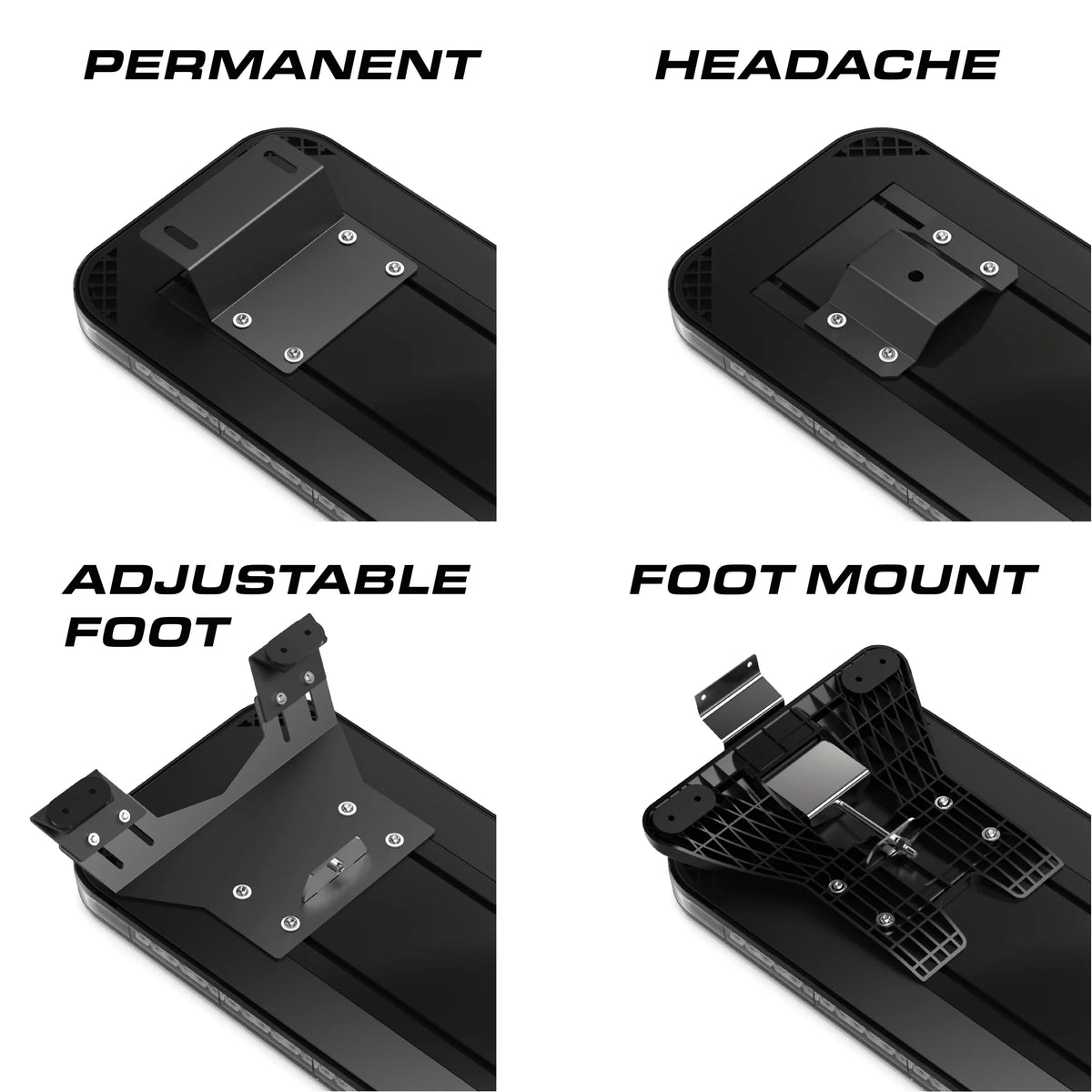 Feniex Fusion lightbar mounting options: permanent, headache, adjustable foot, foot mount