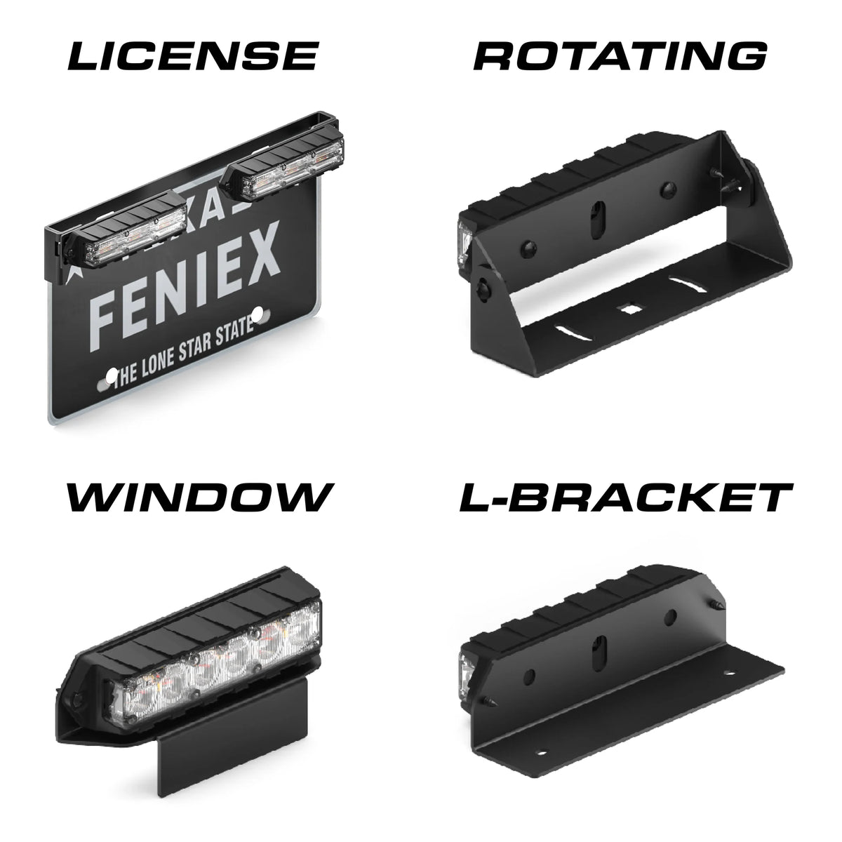 Feniex Q Series mounting: license, rotating, window, L-bracket