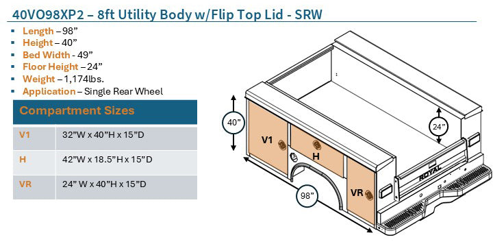 Royal 8' SRW Royal XP Gen II w/ Flip Top Lid Service Body