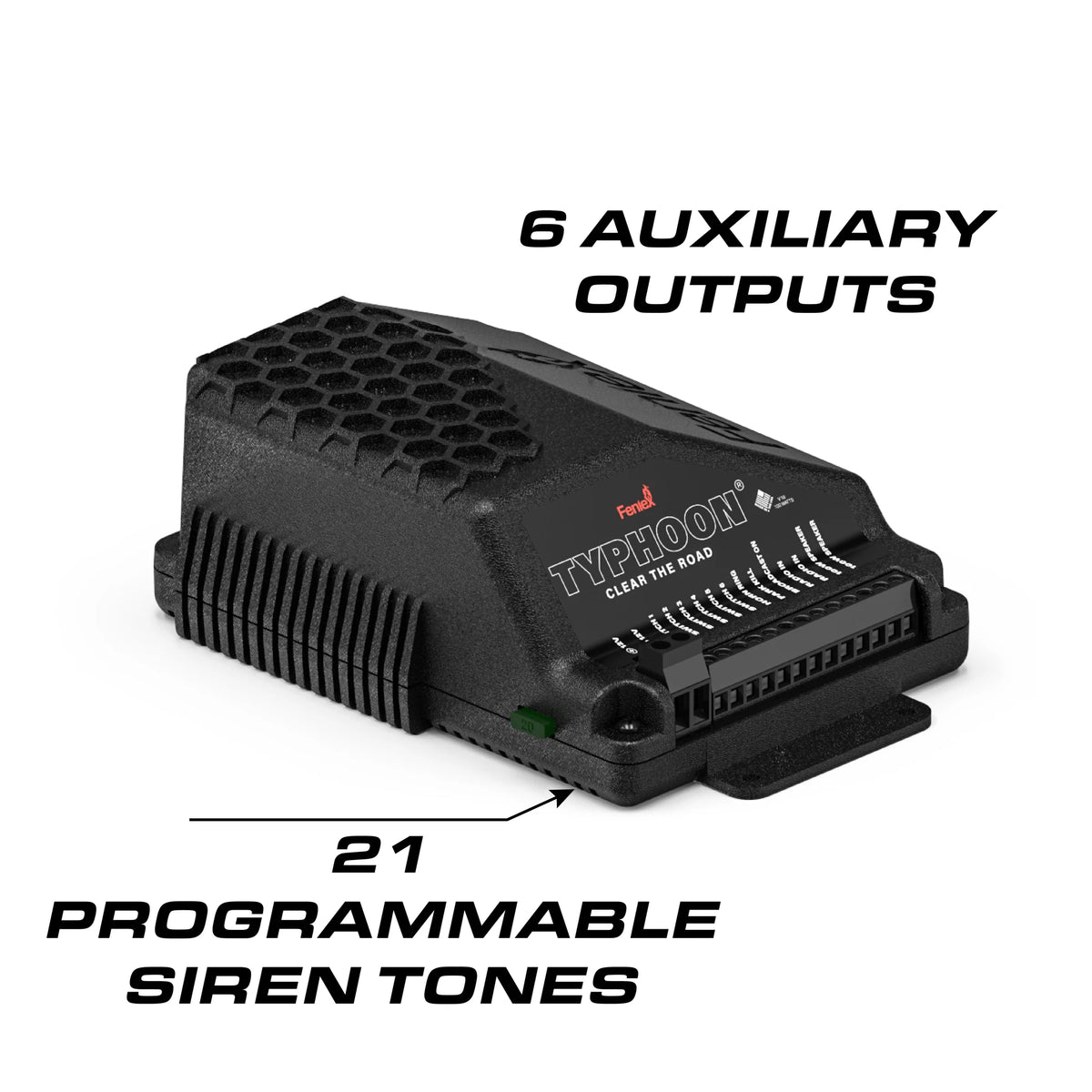 Feniex Typhoon amplifier with 21 programmable siren tones and 6 auxiliary outputs