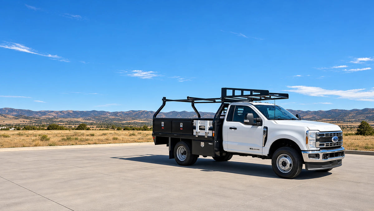 White Ford F-350 with a black CM Warrior flatbed and ladder rack, Colorado foothills behind